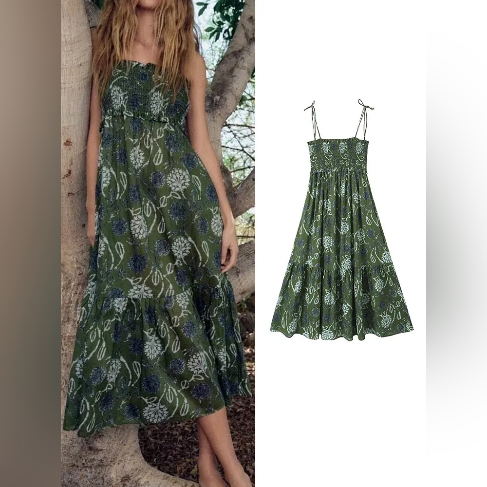 Zara Olive Green and Navy Blue Floral Bohemian Midi Dress Size Small 100% Cotton